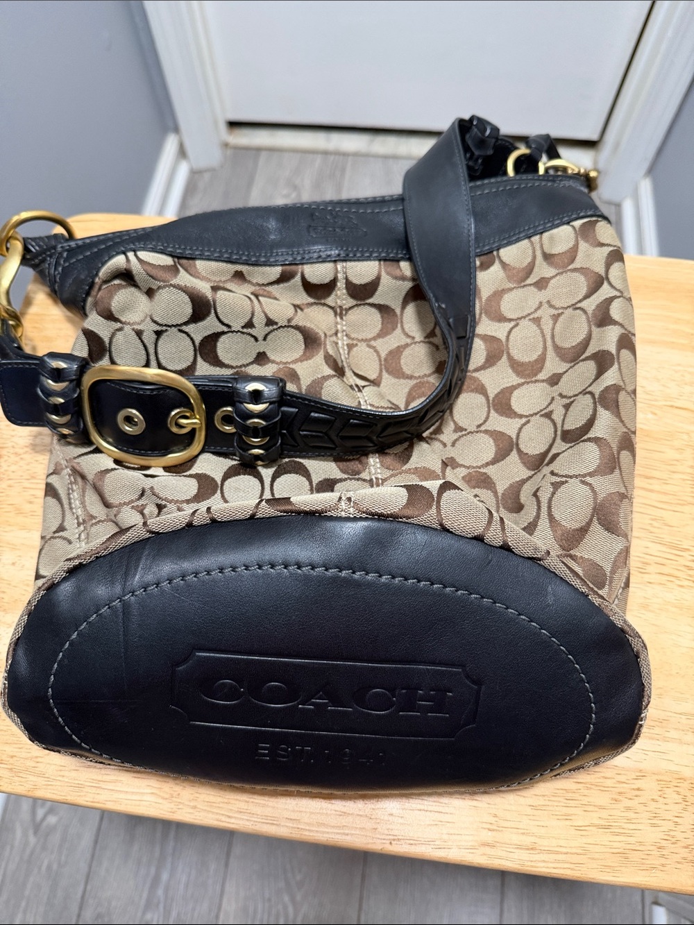 Coach Tan Signature Canvas Shoulder Bag with Black Leather Trim